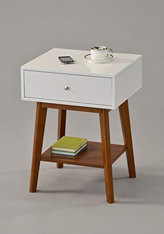White / Dark Oak Side End Table Nighstand with Drawer and Shelf 24"H - Mid-Century Style | Amazon (US)