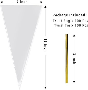 Morepack Cone Treat Bags, 100Pcs, 7x15 Inches, Clear Cellophane, with Twist Ties, for Treats, Pop... | Amazon (US)
