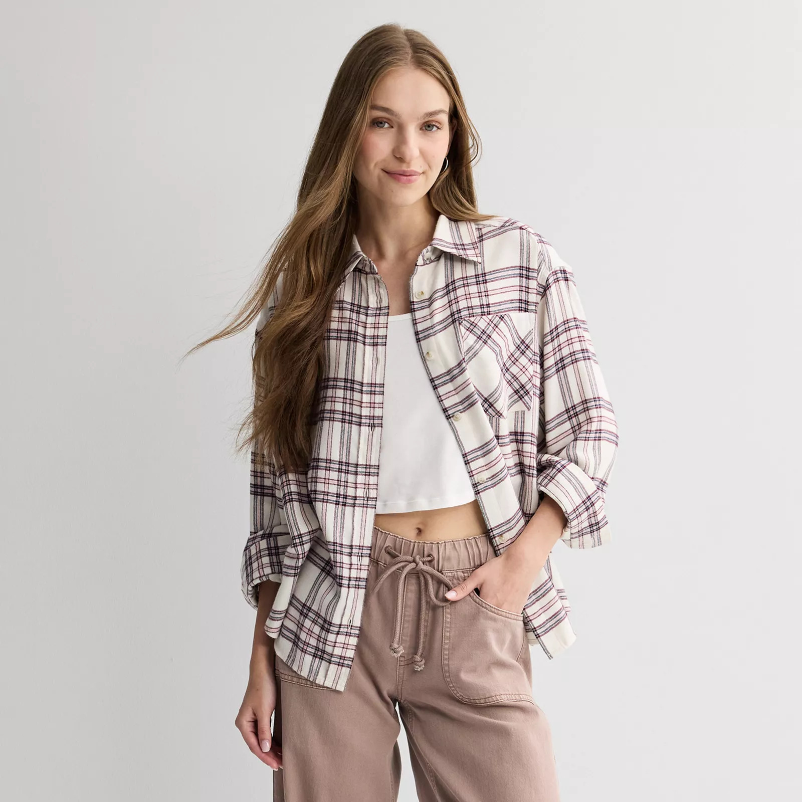 Juniors' SO® Boyfriend Flannel Shirt, Girl's, Size: XS, Beige Plaid | Kohl's