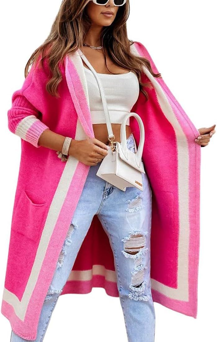 chouyatou Women's Color Block Vertical Striped Open Front Oversized Hooded Long Cardigan Sweaters... | Amazon (US)