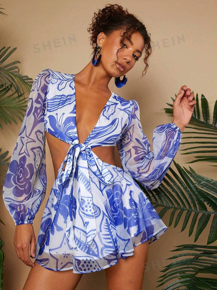 SHEIN VCAY Holiday Hollow Out Lantern Sleeve Women's Jumpsuit With Belt | SHEIN USA | SHEIN