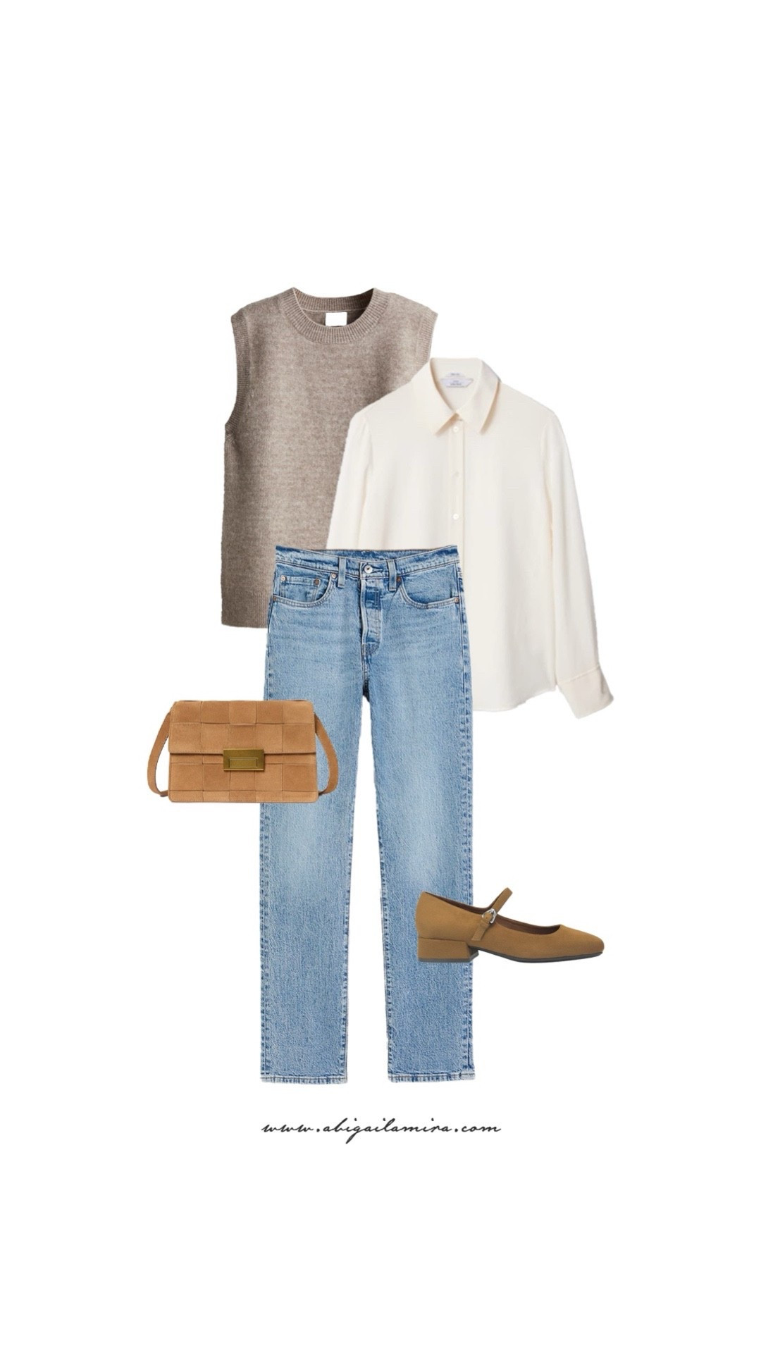 WHAT I'M WEARING WEDNESDAY 10/29/2025
This outfit of the day blends clever layering with a touch of casual elegance. A feminine white shirt paired with a neutral knit vest creates a clean, structured look, while light-wash jeans keep the outfit effortlessly relaxed. The tan Mary Jane shoes and woven bag add a warm, classic touch, making this ensemble perfect for a polished yet laid-back everyday style. See the full post at www.abigailamira.com

#LTKStyleTip #LTKMidsize #LTKOver40