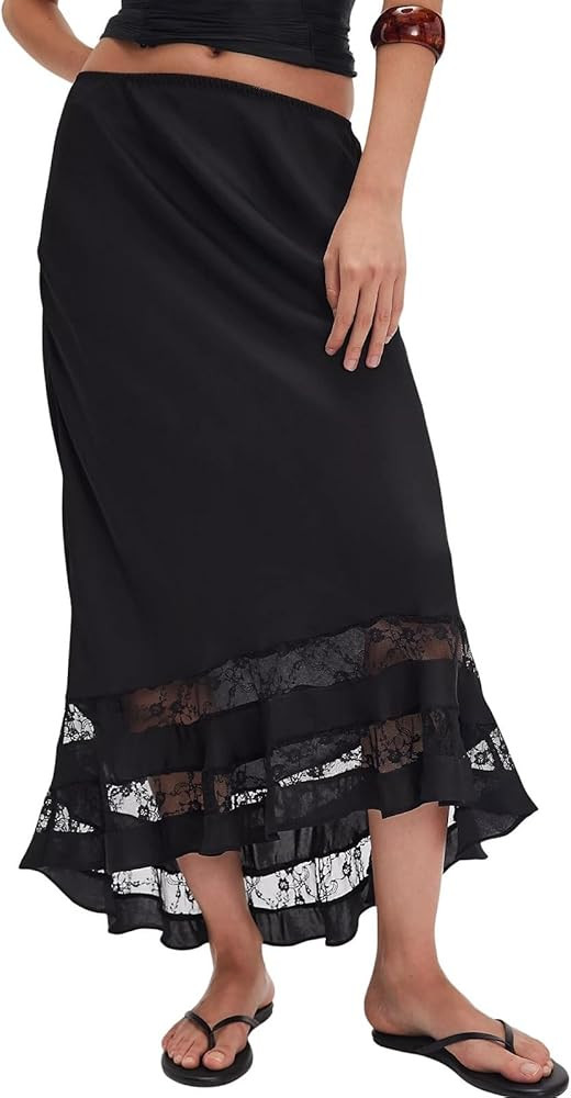 Women Lace Trim Satin Long Skirt Asymmetrical Silk Lace Skirt Elegant Elastic Waist Flowy A Line ... | Amazon (US)