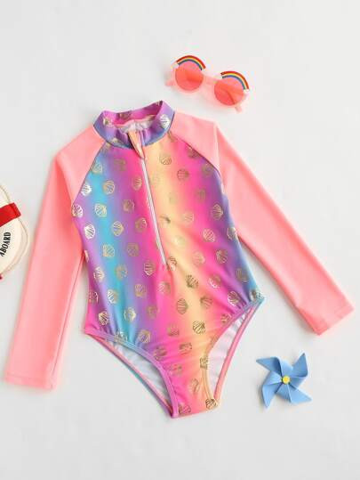 Girls Ombre Zip Front One Piece Swimsuit | SHEIN