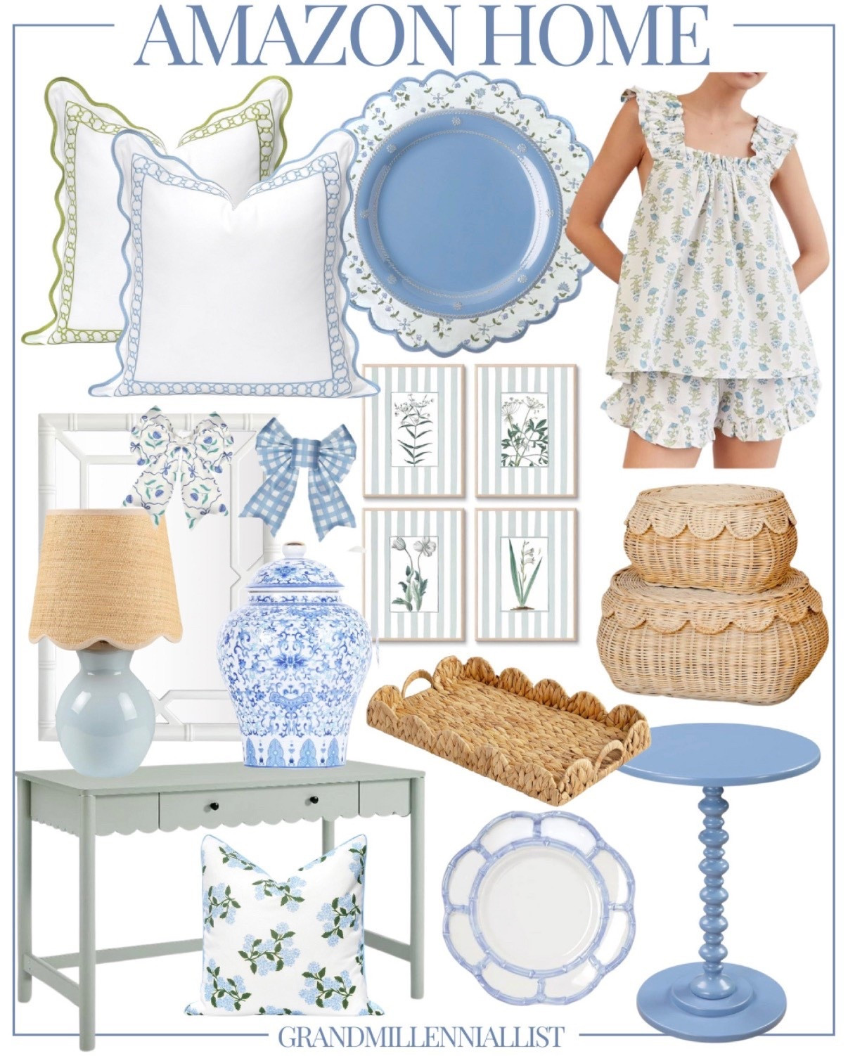 Amazon Grandmillennial home finds Blue and green home 

Amazon preppy home southern home coastal home 

Pillows, block print placemats, pajamas, desk, scalloped baskets, decorative tray, woven lampshade 

#LTKMostLoved 

#LTKHome #LTKStyleTip