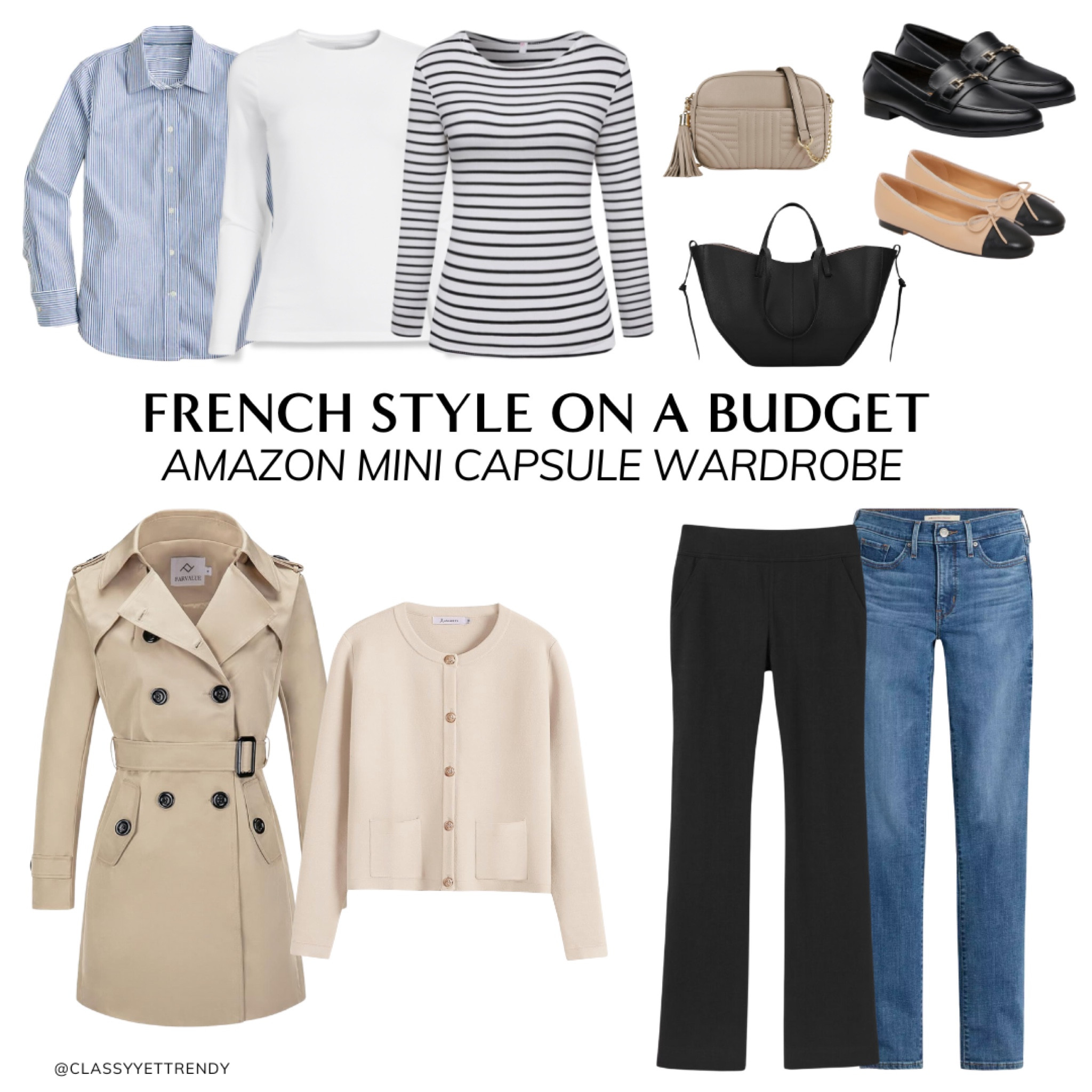 French Style On A Budget: Amazon Mini Capsule Wardrobe + Outfits 🍂 Classic and timeless neutral colors inspired by the styles of France 🇫🇷 Most of these pieces are in the Simplified Style: Classic Casual Year-Round Capsule Wardrobe - a foundation wardrobe for all seasons of the year, with dozens of outfit ideas, online shopping links, outfit calendars and more.

Striped shirt, white tee, stripe tee, black pants, blue straight jeans, trench coat, lady cardigan sweater, loafers, cap toe flats
