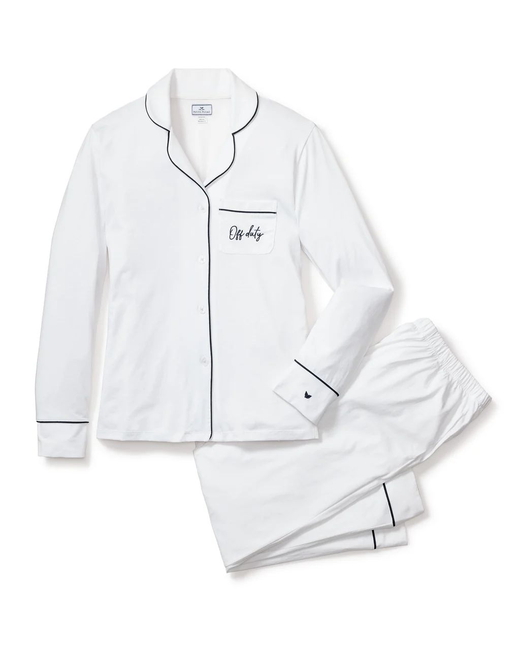 Women's Pima White Pajama Set with Off Duty Embroidery | Petite Plume
