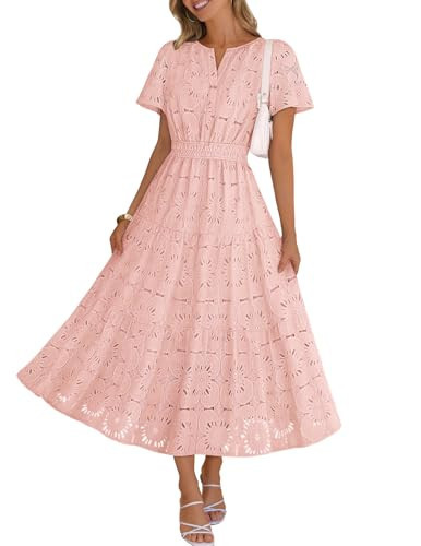 MEROKEETY Women's Summer Floral Maxi Dress 2026 Spring Boho Vacation Eyelet Lace Short Sleeve A Line Tiered Flowy Dresses, Pink, Medium | Amazon (US)