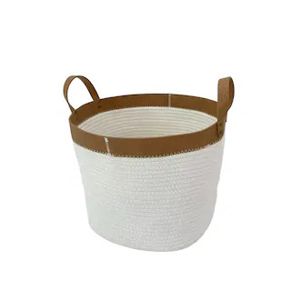 White Fabric Rope Basket with Brown Faux Leather Brim by Ashland® | Michaels | Michaels Stores