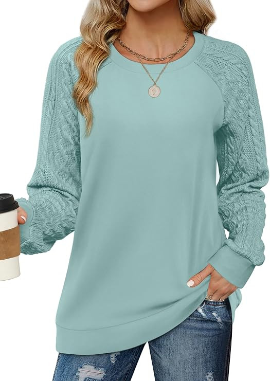 Saloogoe Sweatshirts for Women Crewneck Cable Knit Sleeve Sweaters Lightweight Fashion 2025 | Amazon (US)