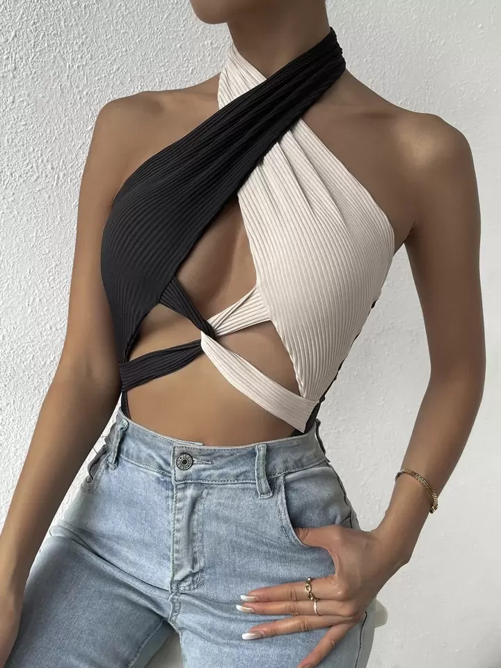 SHEIN Unity Two Tone Cut Out Twist Front Halter Neck Backless Bodysuit | SHEIN