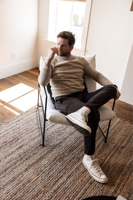 Transitioning to spring dressing with lighter layers and lighter colors. This Amazon good threads sweater is lightweight and fits true. Paired with great fitting joggers from express and classic converse high tops for an easy men’s spring look. 

#LTKSeasonal #LTKmens #LTKunder50