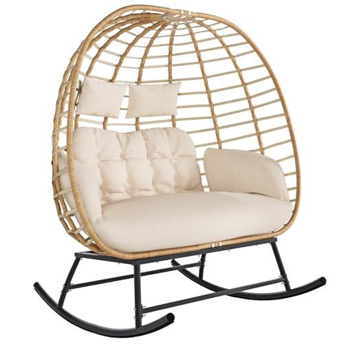 SWITTE Double Wicker Egg Rocking Chair Outdoor, Indoor Egg Swing Loveseat with Thick Cushions, Oversized 2-Person Patio Lounge Chair, 680 LBS Capacity for Balcony, Backyard, Porch-Beige | Amazon (US)