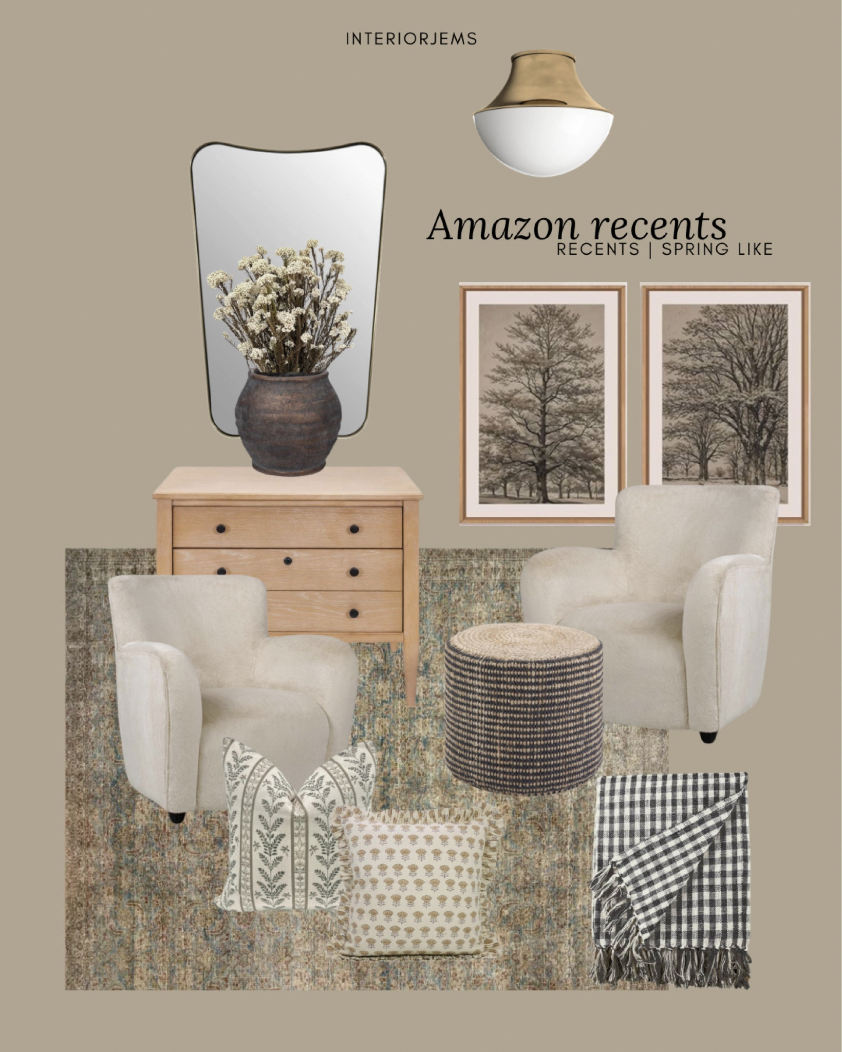 Amazon recent living room, get the look, spring, living room, design, ottoman, comfy chair, lounge, chair, table, vase, dried floral, stems, framed, and ready, art, ceiling, light, modern ceiling, light, affordable area, wall mirror

#LTKHome #LTKStyleTip #LTKSaleAlert