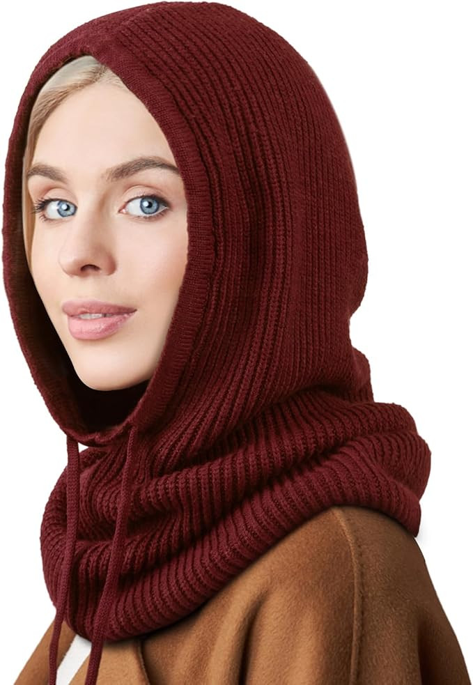 DRESHOW Winter Hats for Women Balaclava Knit Beanie with Adjustable Drawstring Warm Hooded Scarf ... | Amazon (US)