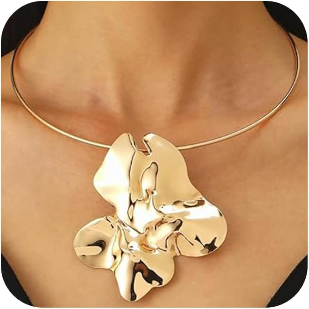 Chunky Gold Polished Irregular Geometric Pendant Choker Necklaces for Women Funky Statement Silve... | Amazon (US)