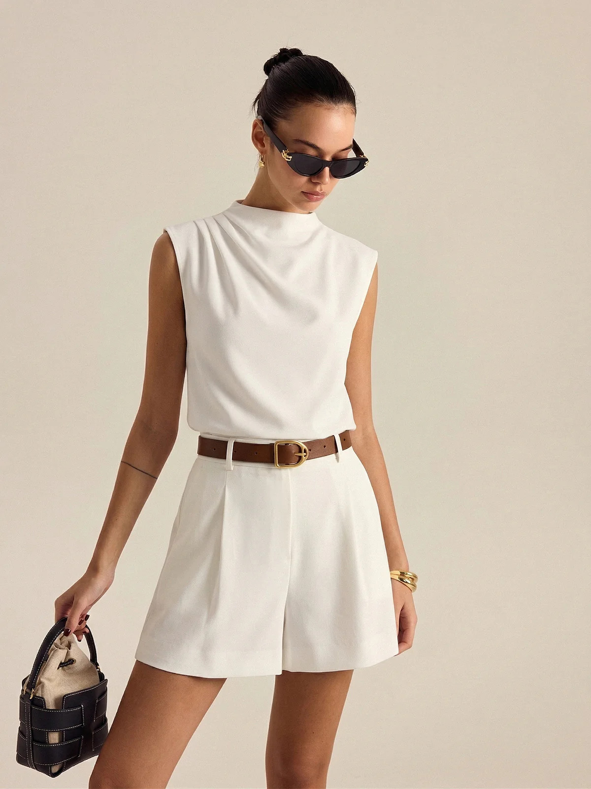 Draped Sleeveless Top & Belted Shorts Set | Commense