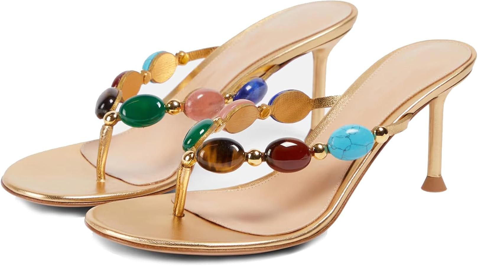 Jewelled Thong Heeled Sandals for Women Slip On Round Open Toe Flip Flop Pumps Mules Summer Strap... | Amazon (US)