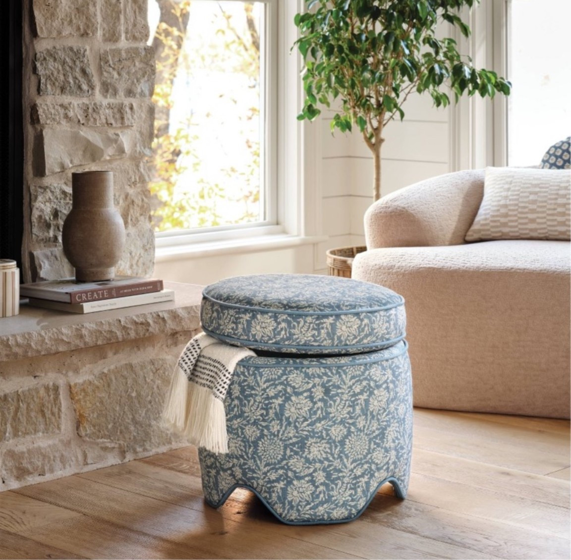 Gorgeous blue and white floral ottoman with storage. Serena and Lily look on a target budget! 

Ottoman, round ottoman, storage ottoman, ottoman under console, Serena and lily look for less