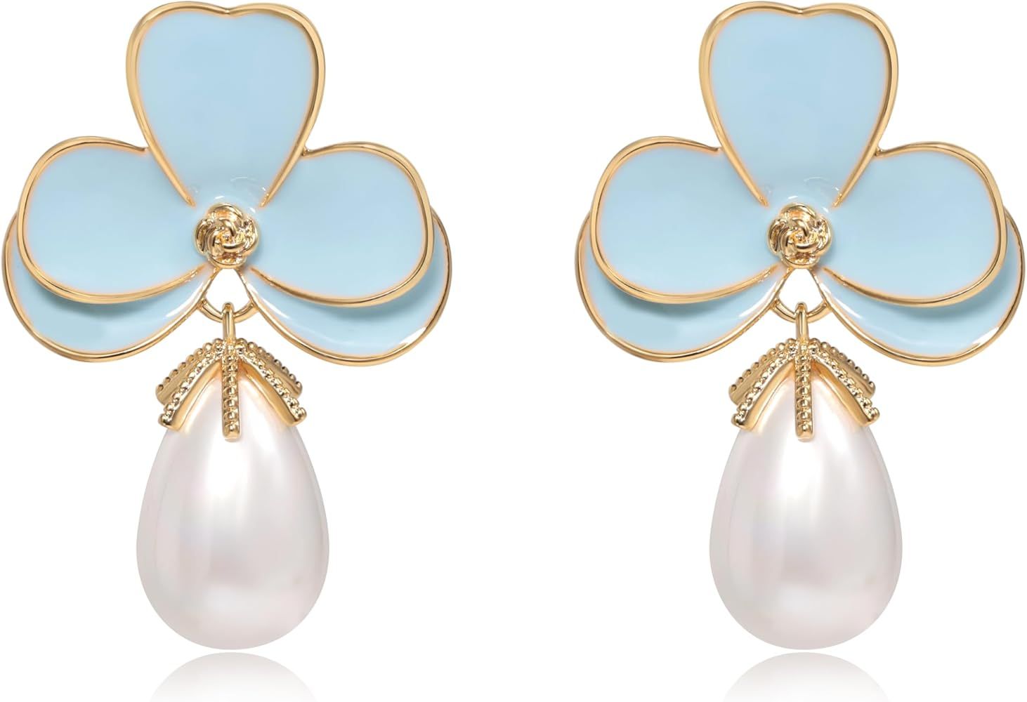 POSUR Large Flower Teardrop Pearl Enamel 14K Gold Plated Dangle Earrings for Women Big Floral CZ ... | Amazon (US)