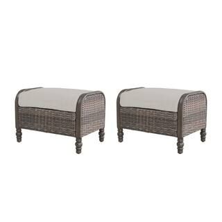 Hampton Bay Windsor Brown Wicker Outdoor Patio Ottoman with CushionGuard Biscuit Tan Cushions (2-... | The Home Depot