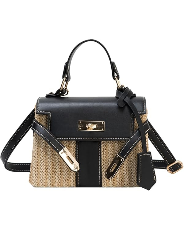 Women's Straw Beach Bag Crossbody Bag, Summer Leather Stitching Straw Handbag Shoulder Bag | Amazon (US)