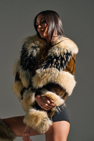 AKIRA Portia Cropped Faux Fur Jacket | Brown | Size Large | AKIRA