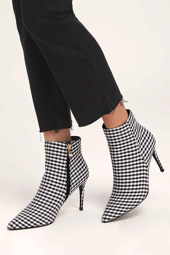 Selenah Black and White Gingham Pointed Toe Ankle Booties | Lulus (US)