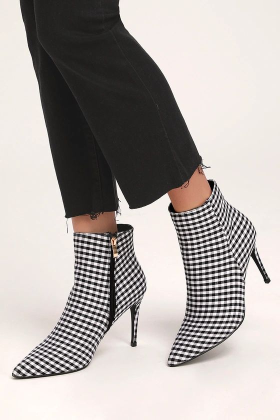 Selenah Black and White Gingham Pointed Toe Ankle Booties | Lulus (US)