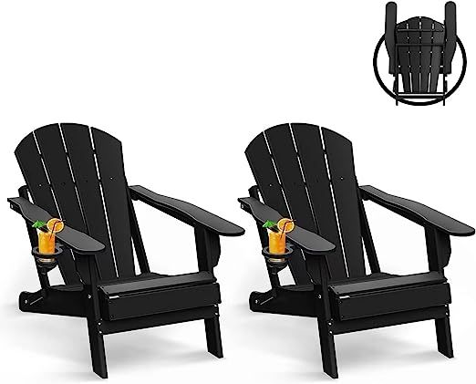 GREENVINES Folding Adirondack Chairs Set of 2, HDPE All-Weather Fire Pit Chairs with Cup Holder, ... | Amazon (US)