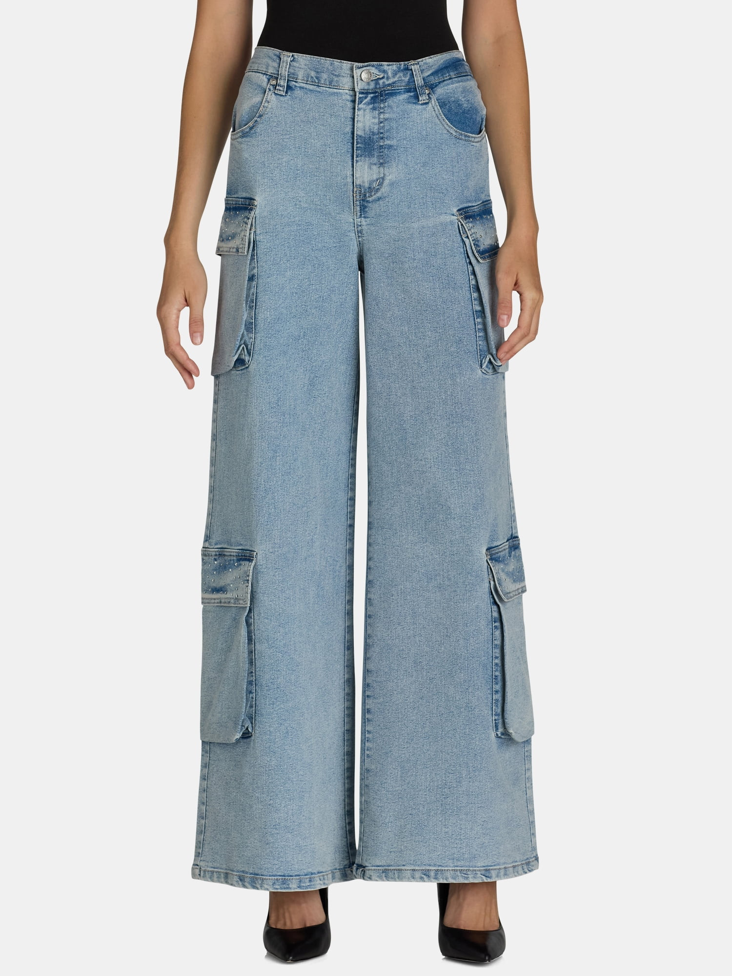 Madden NYC Women’s Wide Leg Cargo Jeans with Rhinestone Accents, 32” Inseam, Sizes XXS-XXL | Walmart (US)