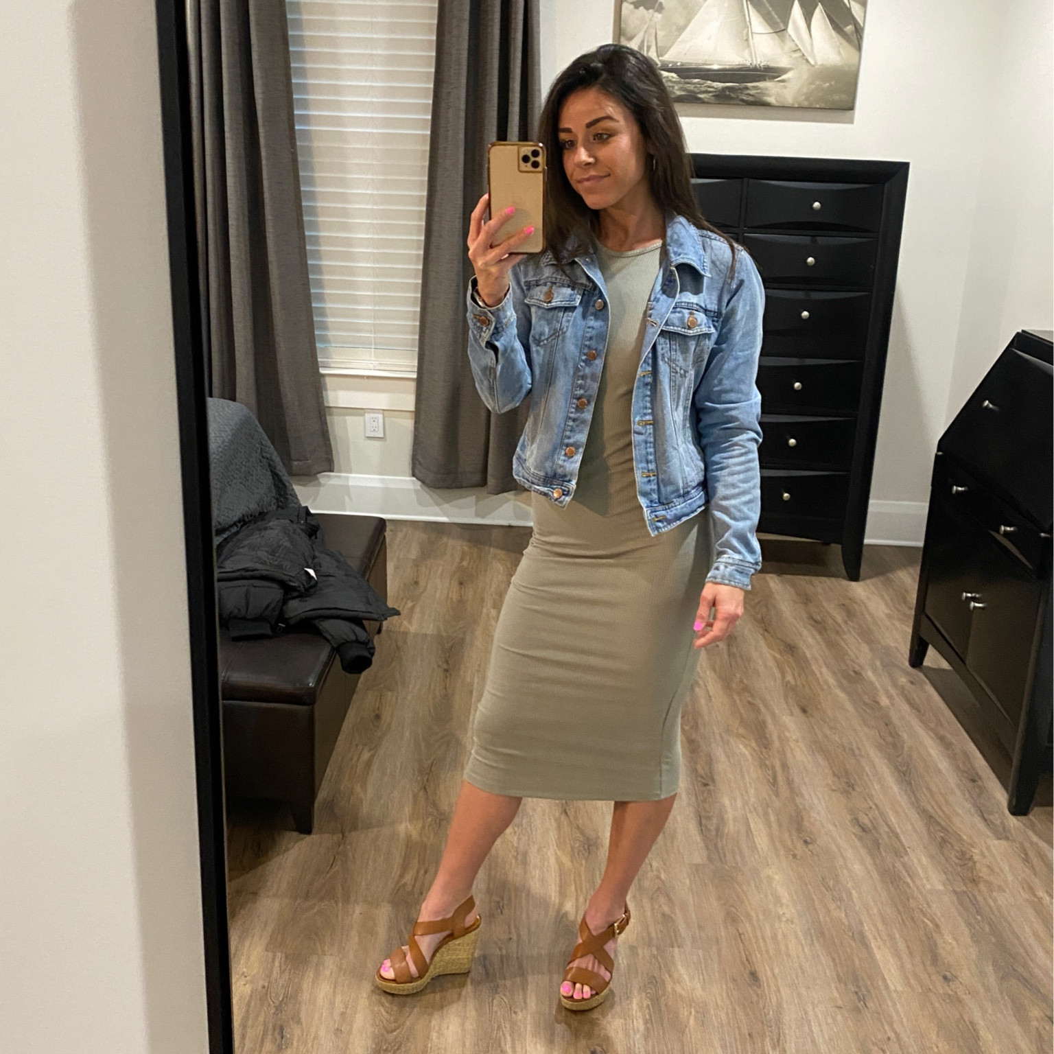 Spring dress with denim jacket and wedge sandals. The perfect date night outfit or for vacationn

#LTKshoecrush #LTKSpringSale #LTKstyletip