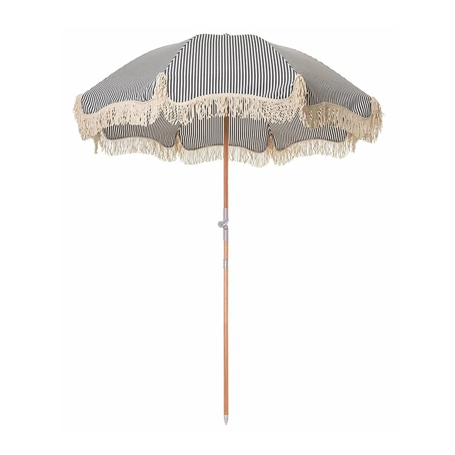 Striped Beach Tassel Umbrella, Wooden Pole, Windproof Fiber Frame, Adjustable Angle, 50+ UV Prote... | Amazon (US)