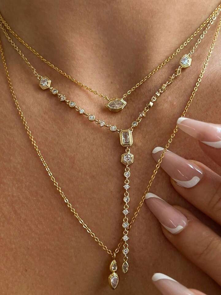 New Gold Color Stainless Steel Choker Necklaces Simple Shiny Zirconia Pendants For Women Girls Pa... | SHEIN