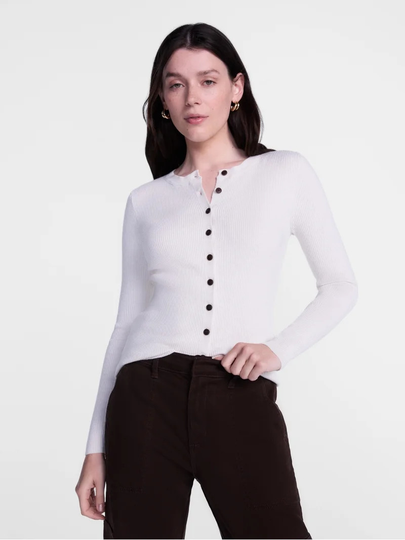 Scenario Women's and Women's Plus Ribbed Crewneck Cardigan Sweater, Lightweight, Sizes XS-4X | Walmart (US)