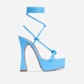 Heat-Wave Knotted Detail Lace Up Square Toe Platform Flared Heel In Blue Faux Leather | EGO Shoes (US & Canada)