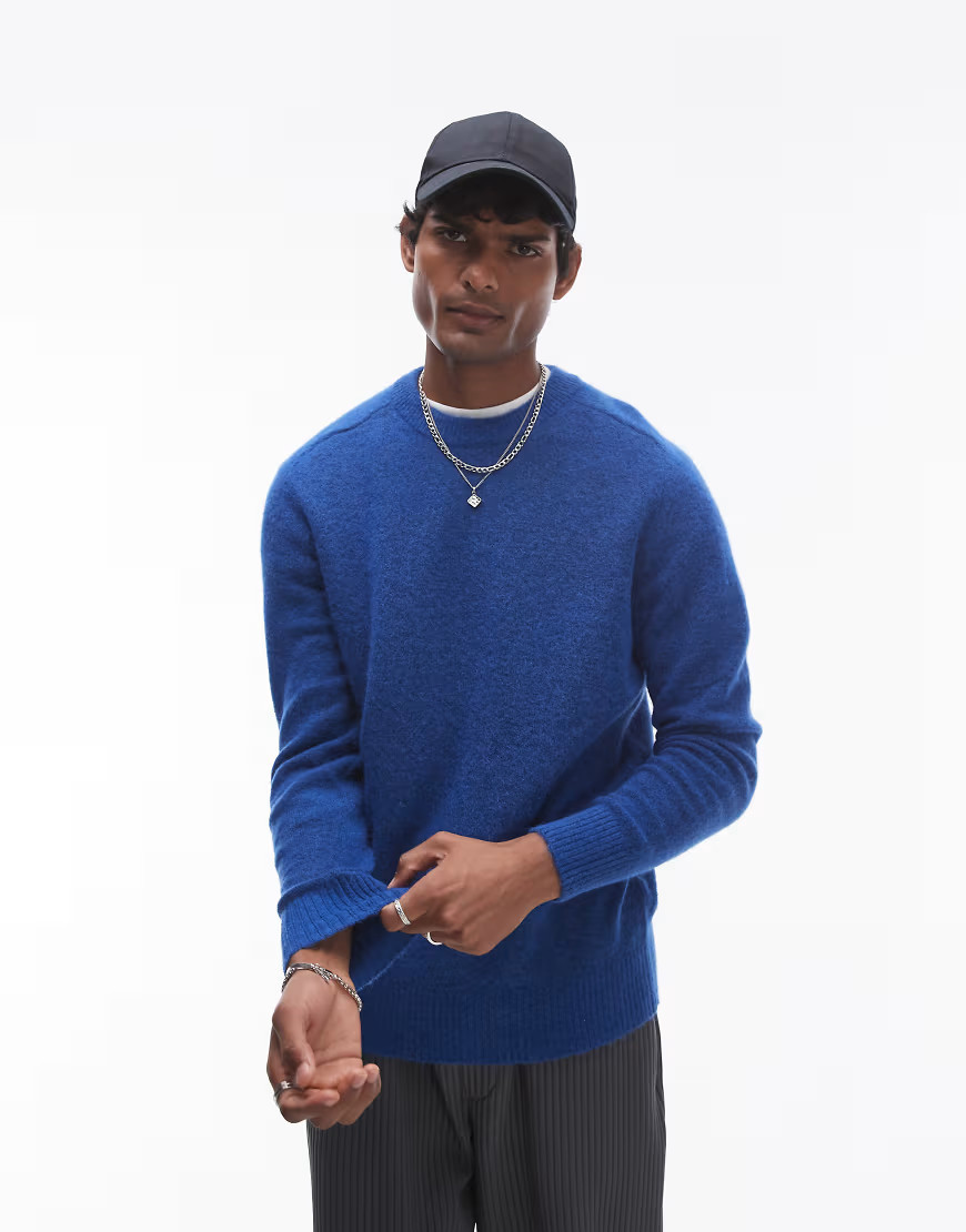 Selected Homme crew neck fluffy alpaca knitted jumper in blue | ASOS (Global)