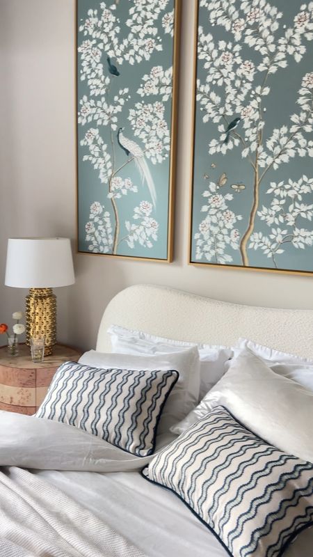 A blue and white bedroom with chinoiserie panels, cream boucle queen bed, burl nightstand, and custom curtains from Pepper Home’s new collection, blue and white decor, bedroom ideas, blue bedroom, light home, coastal style 

#LTKhome #LTKstyletip