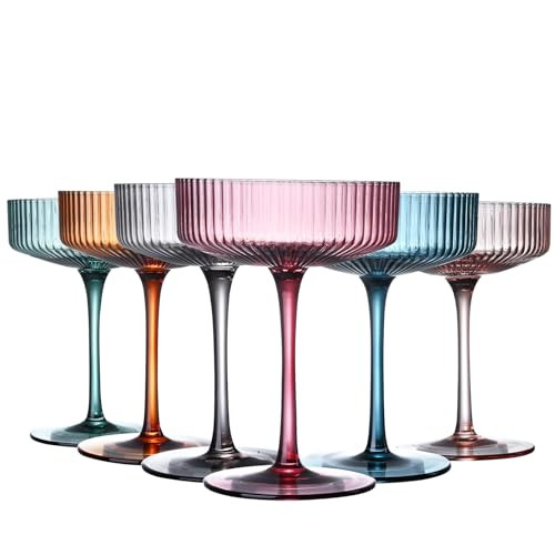 LUXULISH Art Deco Colored Vintage Coupe Glasses, Ribbed Crystal Handmade Martini, Cocktail & Champagne Glasses, Perfect for Dessert, Manhattan, Cosmopolitan, Gimlet, Pisco Sour - 7Oz | Amazon (US)