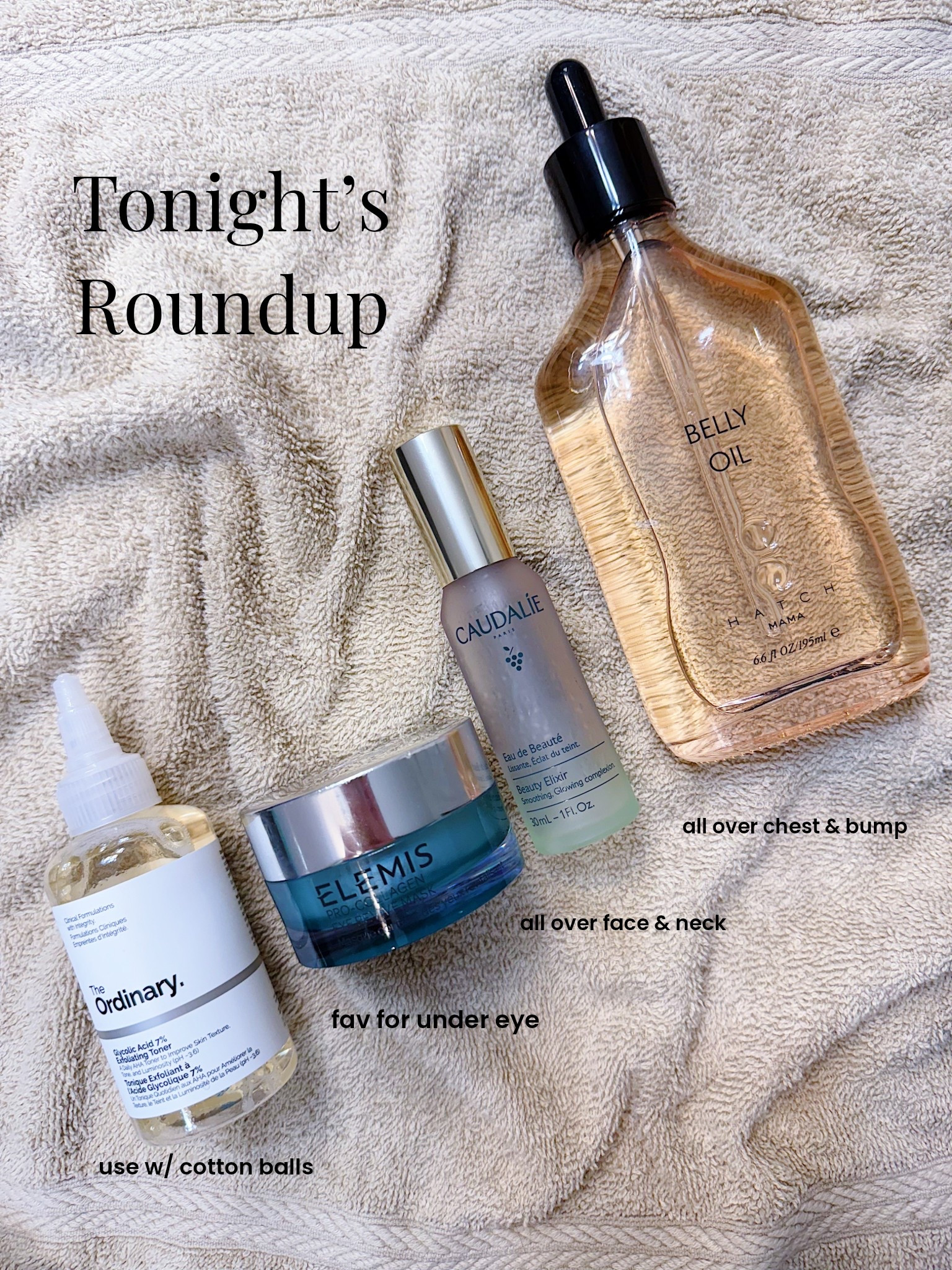 Tonight’s Skincare Roundup!
I used a gentle cleanser in the shower and followed with The Ordinary glycolic acid. I use with cotton balls instead of rounds and it wastes less product IMO. 
The Elemis eye revive mask is the best I’ve found and I spray my face and neck all over with Caudalie to finish. It smells 💯. 
Lastly I have been loving the Hatch belly oil! I apply it all over my chest and bump and it absorbs quickly and doesn’t feel sticky  

#LTKdayinmylife #LTKselfcare #LTKBump