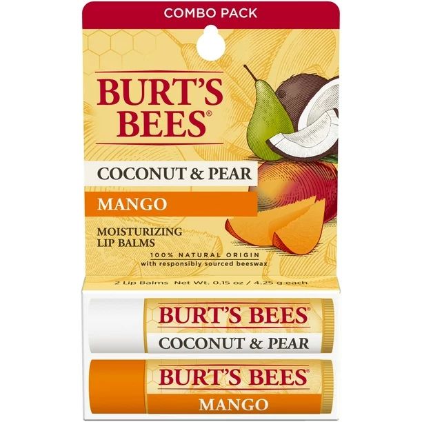 Burt's Bees 100% Natural Lip Balm, Coconut & Pear and Mango, 2 Count - Walmart.com | Walmart (US)
