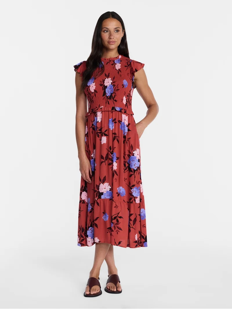 Time and Tru Women's and Women's Plus Smocked Bodice Midi Woven Dress, Sizes XS-4X | Walmart (US)