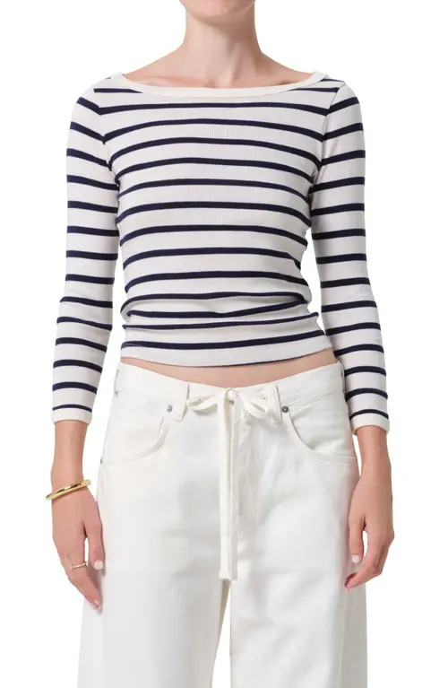 Citizens of Humanity Stripe Boat Neck Long Sleeve Rib T-Shirt in Azure Stripe at Nordstrom, Size Large | Nordstrom