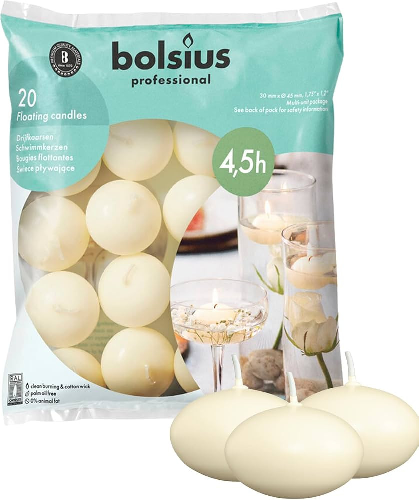 BOLSIUS Unscented Floating Candles - Pure Rich Creamy Ivory, 20 Set - Smokeless, European Quality... | Amazon (US)