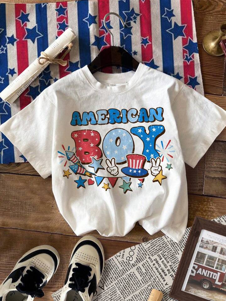 American Boy Independence Day Young Boy Casual Simple Letter Print Short Sleeve Round Neck T-Shir... | SHEIN
