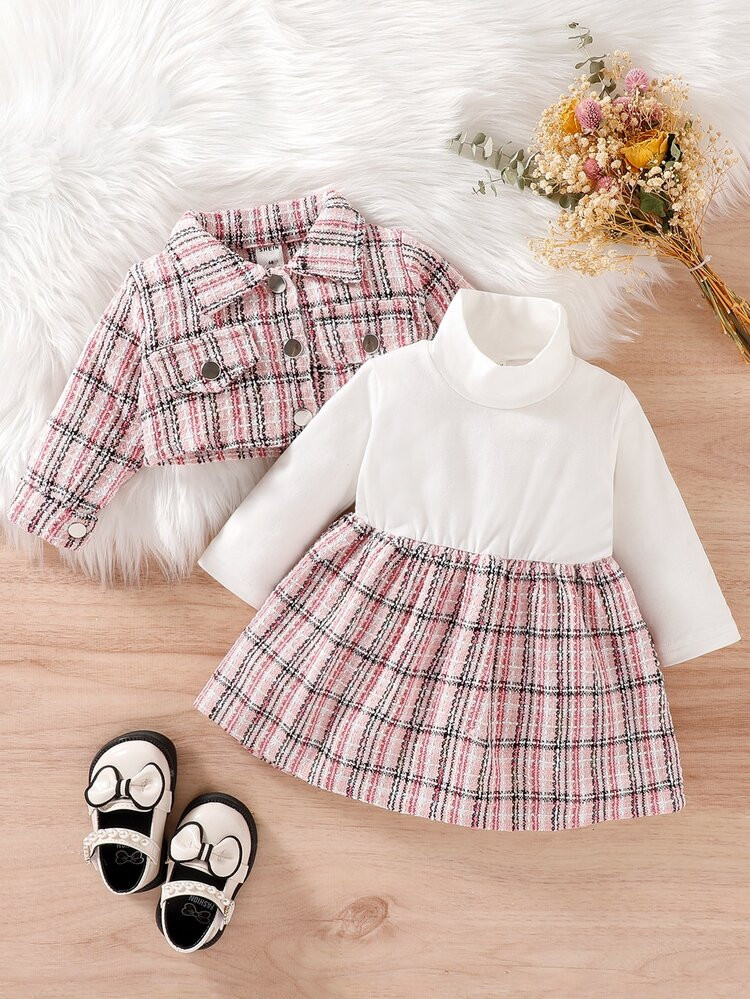 Baby Mock Neck Plaid Tweed Dress & Flap Detail Jacket | SHEIN