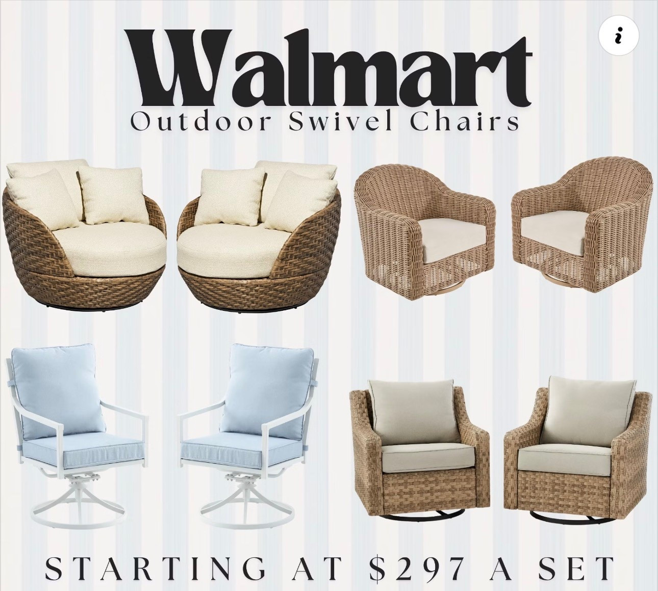These swivel Chairs look like something you’d find in a high-end patio showroom, but they’re from Walmart. 
#
The woven textures, the soft neutral cushions, the clean white frames, every single set feels elevated and designer-inspired.

And starting at $297 a set? Such an incredible value for pieces that instantly transform your outdoor space.

#LTKSeasonal #LTKSaleAlert #LTKHome