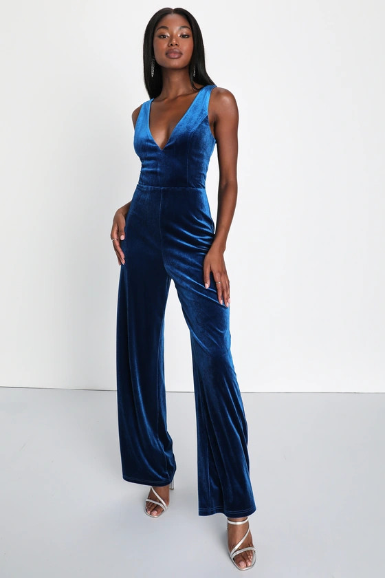 Exceptional Presence Blue Velvet Sleeveless Wide-Leg Jumpsuit | Lulus
