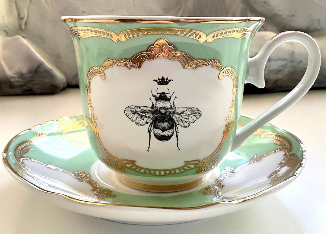 Pink, Blue, or Green & Gold Royal Bee Teacup and Saucer Set, 8 Ounces, Food Safe and Durable. - E... | Etsy (US)