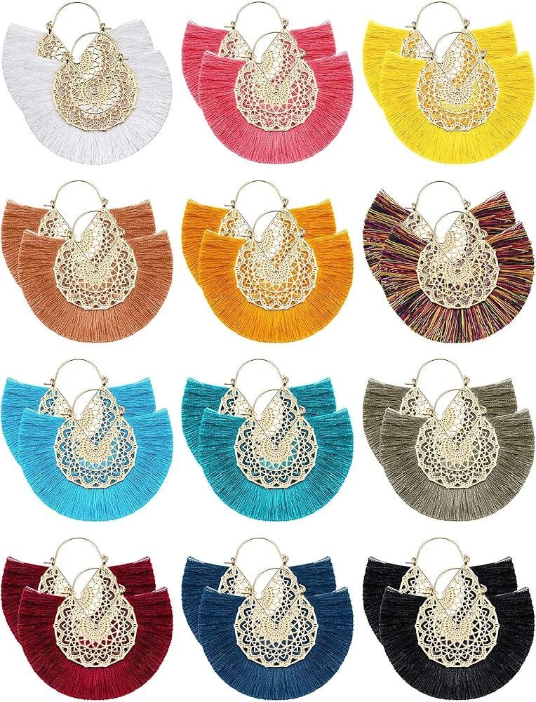 12 Pairs Statement Tassel Earrings Hoop Tassel Earrings Bohemian Geometric Handmade Earrings for ... | Amazon (US)